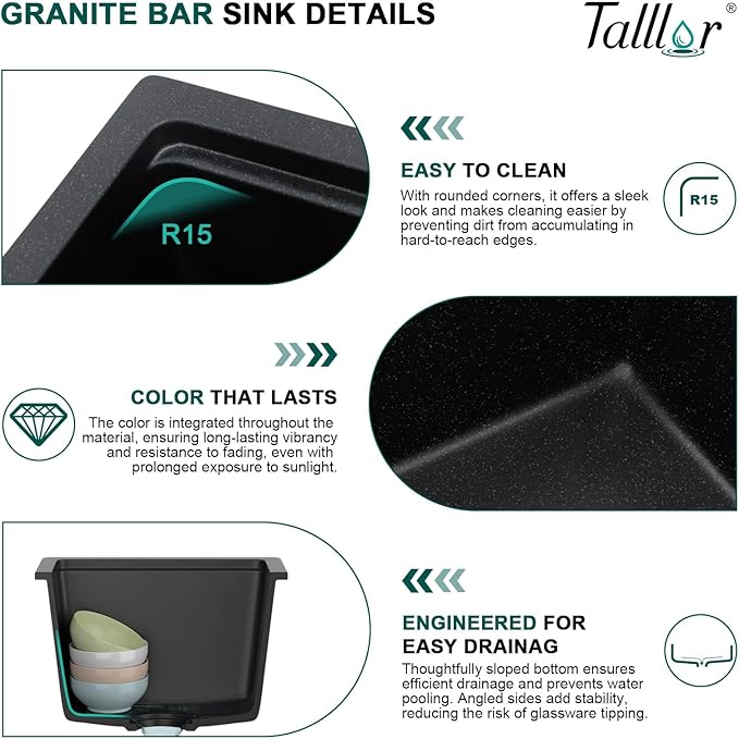 15 Inch Undermount Bar Sink - Matte Black Granite Composite Workstation Single Bowl Small Prep Wet Sink with All-In One Gold Accessories & Cutting Board for RV, Kitchen Bar, and Boat #TLGU-147