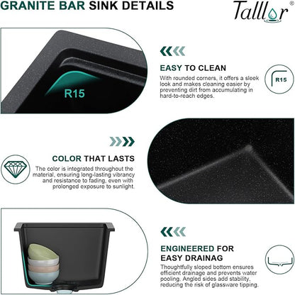 15 Inch Undermount Bar Sink - Matte Black Granite Composite Workstation Single Bowl Small Prep Wet Sink with All-In One Gold Accessories & Cutting Board for RV, Kitchen Bar, and Boat #TLGU-147