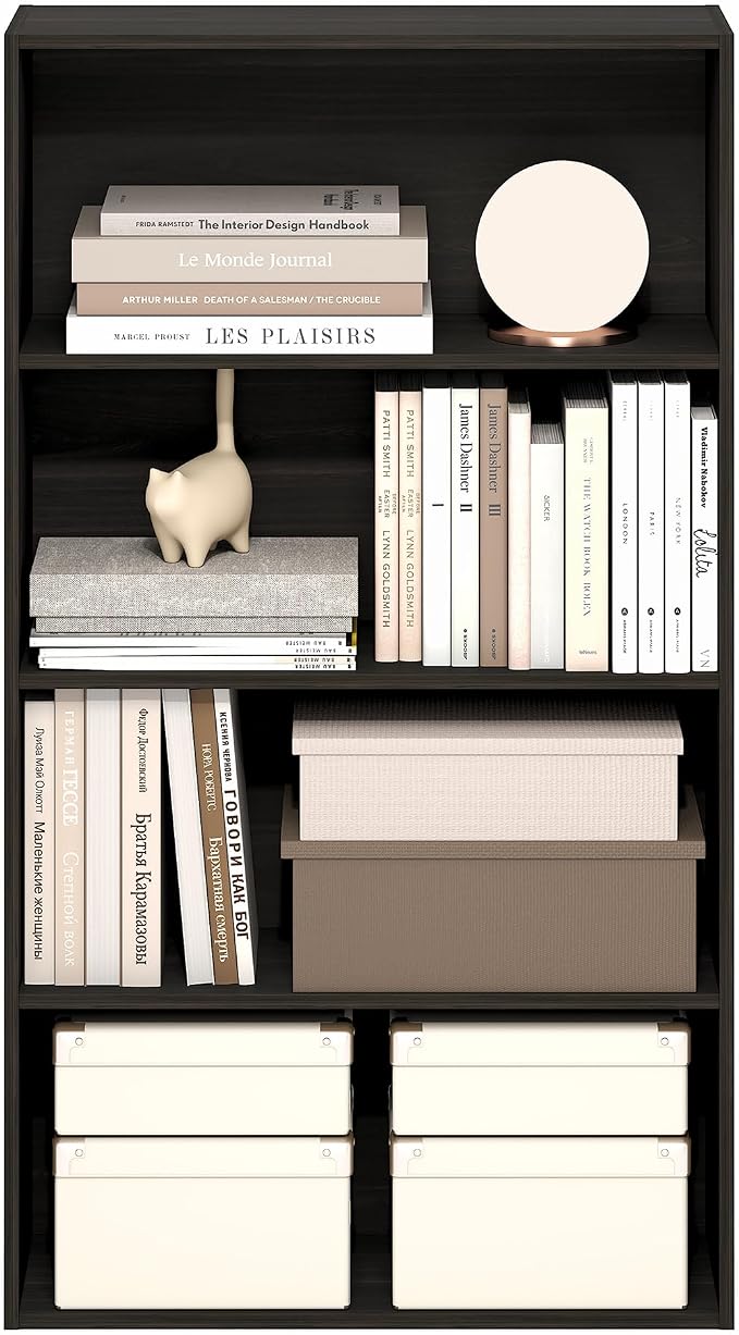 Furinno Jaya Book Shelf, 4-Tier Book Shelf, Bookcase with Open Shelving, Standing Bookshelf, 9.5 x 23.6 x 41.9, for Organization and Storage, for Home Office, Living Room, Espresso