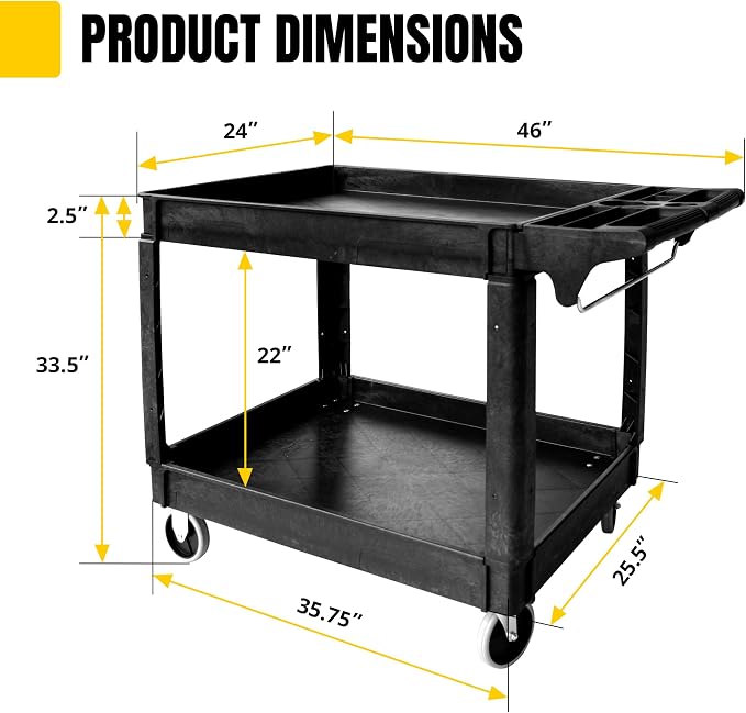 MaxWorks 2‑Tier Heavy‑Duty Utility Service Cart 500 lb Capacity 46" x 25.5" x 33.5" with 5" Swivel Casters and Polypropylene Shelves for Garage Workshop Warehouse Office (80858)
