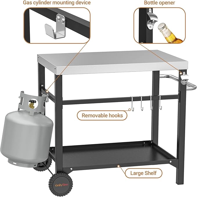 onlyfire Movable Stainless Steel Dining Cart Table, Pizza Oven Table with Propane Tank Holder, Heavy Duty Utility Cart on Wheels for Outdoor Kitchen, BBQ Grill, Patio, 33.6” x 21.7” Workstation