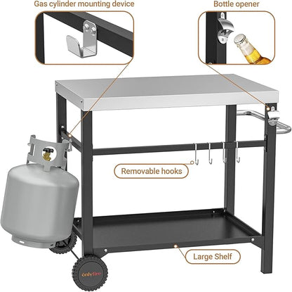 onlyfire Movable Stainless Steel Dining Cart Table, Pizza Oven Table with Propane Tank Holder, Heavy Duty Utility Cart on Wheels for Outdoor Kitchen, BBQ Grill, Patio, 33.6” x 21.7” Workstation