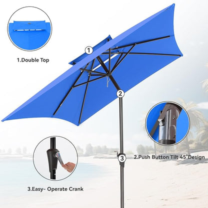 6.6 x 10 ft Rectangular Patio Umbrella, Outdoor Market Table Umbrella with Push Button Tilt and Crank, Double-Tier Vent, 6 Ribs, Rectangle Patio Umbrella for Backyard, Deck, Pool, Fits 4–6 Chairs and Tables (Blue)