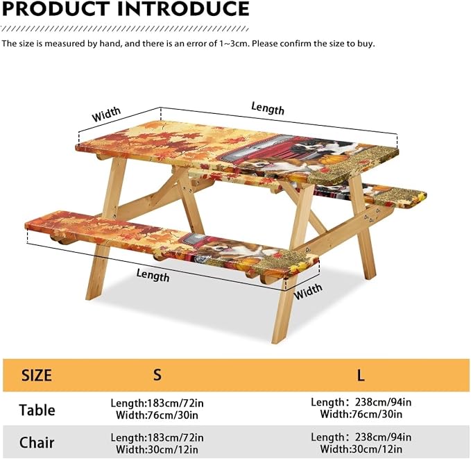 Maple Dog Pumpkin Outdoor Picnic Table Cover Thanksgiving 3 PCS Set Fitted Picnic Table Cover for Outdoor Camping