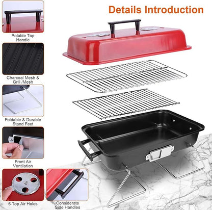 Portable Barbecue Grill with Lid, Small Charcoal Grill for Outdoor Cooking Folding Barbecue Grill with Vent System Table Top BBQ Grill for Camping Backyard Patio Picnic