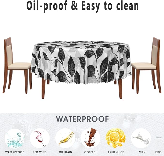 Black and White Leaves Round Tablecloth 70 Inch Floral Plants Farmhouse Table Cloth Kitchen Table Decorations for Home Dinner Party Waterproof Polyester Washable Circle Tables Cover Oilproof