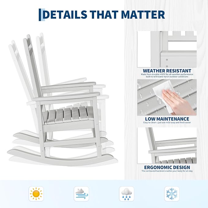 Garvee HDPE Rocking Chair Outdoor Set of 4 with 2 Side Table - Poly High Back Porch Rocker Chairs for Adults - All Weather Resistant Furniture for Patio Front Porch - White