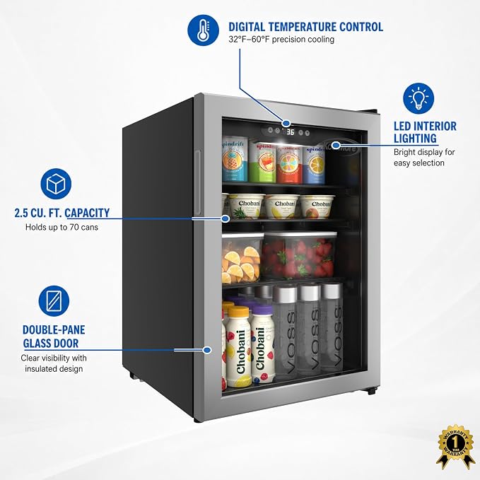 KoolMore 17 Inch Beverage Refrigerator, 2.5 Cu. Ft. Fridge Cooler, 70 Can Glass Door Drink Fridge for Dorm, Bedroom, Office, Bar, Retail Display, ETL Listed