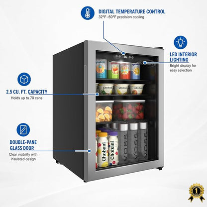 KoolMore 17 Inch Beverage Refrigerator, 2.5 Cu. Ft. Fridge Cooler, 70 Can Glass Door Drink Fridge for Dorm, Bedroom, Office, Bar, Retail Display, ETL Listed
