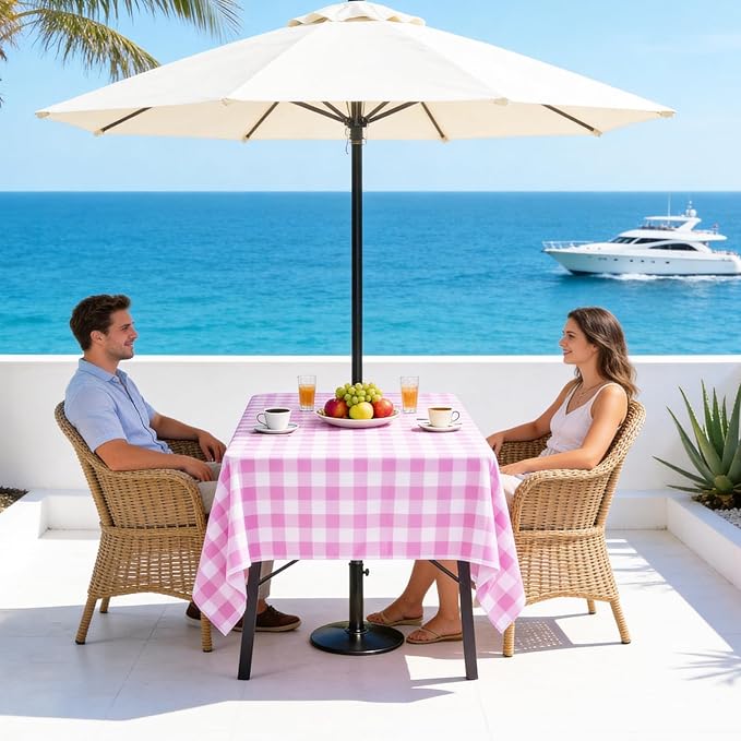 Poise3EHome Rectangle Outdoor Tablecloth with Umbrella Hole and Zipper,Pink and White Gingham 84x60 Inch,SpillProof Washable Table Cloth for Spring Summer Patio Garden Poolside Picnic Camping BBQS