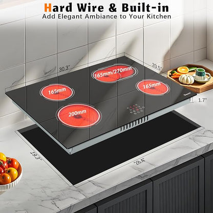 30 Inch Electric Cooktop 6400W, 240V Hard Wire (No Plug) | 4 Burner Glass Electric Stovetop 30 Inches, 99-Min Timer, Safety Lock, Pause, Rual Ring, Touch Control, 220V Hard Wired