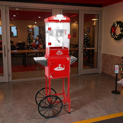 Popcorn Machine with Cart, 10 Oz Kettle, Mobile Popcorn Maker for 64 Cups per Batch, Nostalgia Professional Cart with Simple One-Touch & 3 Spoons, Movie Night Supplies for Home, Black