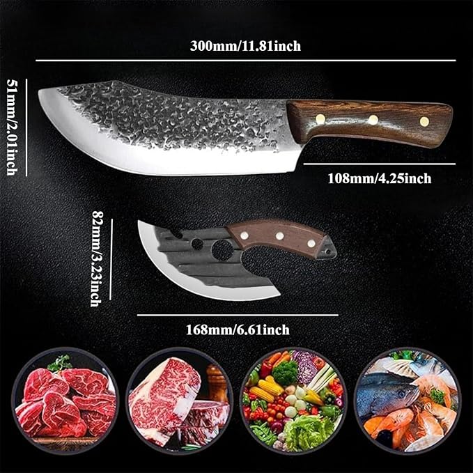 Butcher Cleaver Knife Set, 2 PCS Razor Sharp Chef Knife Japanese HC Stainless Steel and Viking Knife with Leather Sheath, Chopper Butcher Meat Knife for Home Cooking Outdoor BBQ Camping Gift Idea