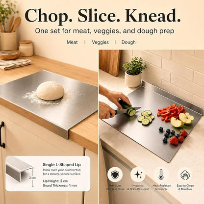 3-Piece Stainless Steel Cutting Board Set, L-Shape Lip for Dough & Meat | 3 stainless steel boards with L-shaped lip, brushed surface, 3 sizes for meat, veggies, dough & dishwasher cleanup.