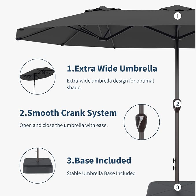 15FT Double Sided Patio Umbrella with Base Included Large Outdoor Market Umbrella with Crank Handle, UV Resistant Canopy, Sturdy Frame for Garden, Poolside, Deck, Gray