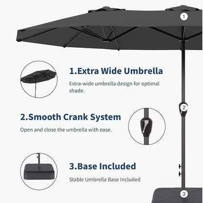 15FT Double Sided Patio Umbrella with Base Included Large Outdoor Market Umbrella with Crank Handle, UV Resistant Canopy, Sturdy Frame for Garden, Poolside, Deck, Gray