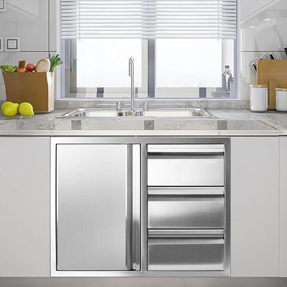 Outdoor Kitchen Drawer Combo, Stainless Steel Sealed Storage Combo with Triple Drawer, Outdoor Kitchen for BBQ Island, Grilling Station, Outside Cabinet (27.8" W x 21.8" D x 19.6" H)（Right Drawer）