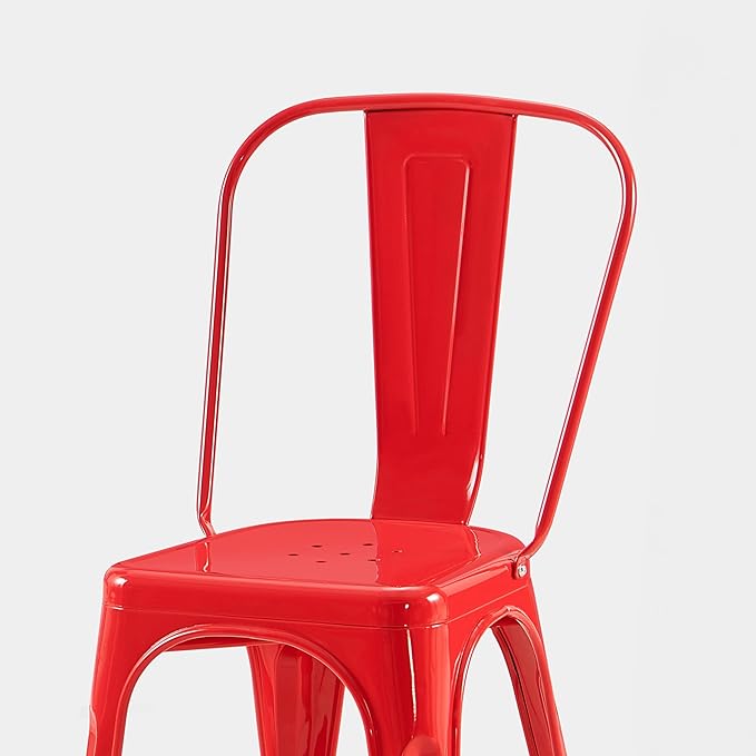AC Pacific 18 Inch Seat Height Industrial Metal Dining Chairs, Stackable Kitchen or Bar Seat, Durable Modern Design, Versatile Accent Furniture, Set of 4, Red