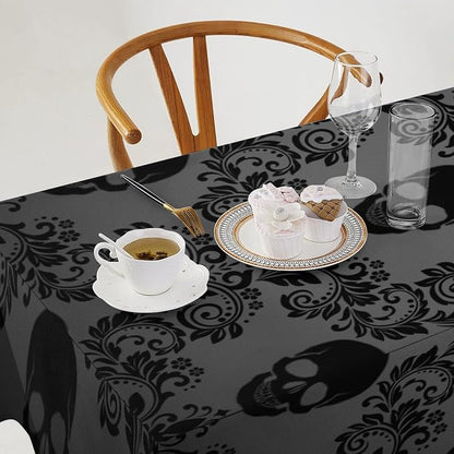 Gothic Black Damask Tablecloth, Vintage Floral Exotic Suger Skull Bohemian Antique Victorian Table Cloth Water Resistant Table Cover for Farmhouse Party Holiday Kitchen Dinner Table 60x90"