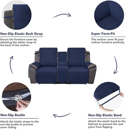 PureFit Water Resistant Reversible Loveseat Recliner Cover - Non Slip Furniture Protector for 2 Seat Recliner, Navy/Ivory | Double with Console, Non Slip Split Sofa Cover, Washable Reclining Cover, Navy/Ivory
