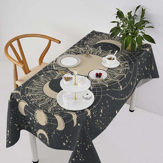 Vintage Tarot Tablecloth Boho Mystical Astrologer Zodiac Full Moon Phases Star Galaxy Space Table Cloth Water Resistant Wipeable Table Cover for Picnic Party Holiday Kitchen Dinner Table 55"x75"