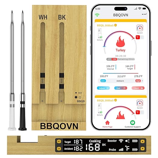 WiFi Wireless Meat Thermometer Unlimited Range 7 NIST Certified Accuracy Sensors Sub-1G(10X Stronger Than Bluetooth) APP&Magnetic Smart Digital Base for BBQ,Oven,Smoker,Grill
