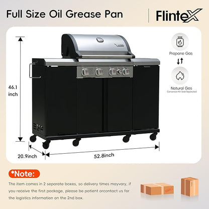 Flintex 4-Burner Propane Gas Kitchen Grill Island with Side Burner,44,000 BTU Stainless Steel BBQ Outdoor Griddle Grill Combo with LPG/NG Convertible and Storage Cabinets & Fold-out Table, Black