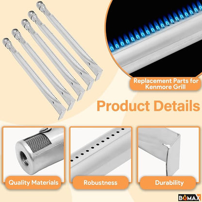 BQMAX Grill Parts for Kenmore 5 Burner 146.23680310 146.47469610 | Porcelain Steel Heat Plate & Burner for Kenmore Grill Replacement Parts 146.30213510, 146.47468610, 640-05057375-7