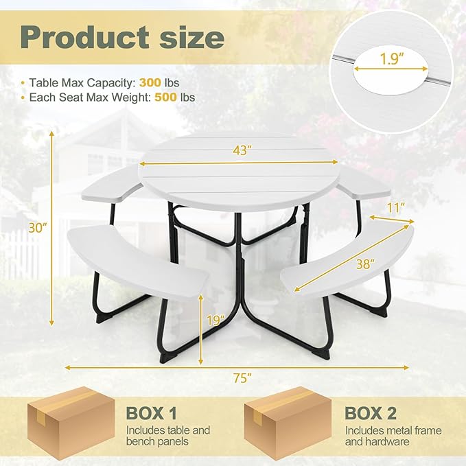 Tangkula 8 Person Picnic Table, Outdoor Round Picnic Table with 4 Built-in Benches, Umbrella Hole, Metal Frame & HDPE Tabletop, Outside Table and Bench Set for Backyard, 2300lbs Weight Capacity