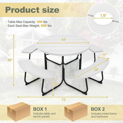 Tangkula 8 Person Picnic Table, Outdoor Round Picnic Table with 4 Built-in Benches, Umbrella Hole, Metal Frame & HDPE Tabletop, Outside Table and Bench Set for Backyard, 2300lbs Weight Capacity