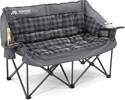 Double Camping Chair Padded 2 Person Camping Chair Camping Loveseat - Heavy Duty Oversized Camping Couch for Adults Outdoor Lawn Beach - Portable Folding Sofa with Cup Holders and Carry Bag, Grey