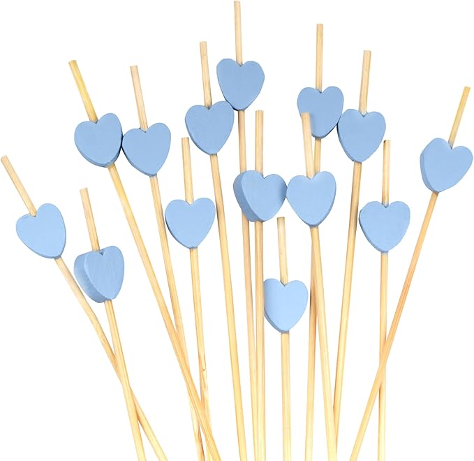 BambooMN 5.9 Inch Blue Heart Bamboo Food and Drink Pick Skewers for Catered Events, Holiday's, Restaurants or Buffets Party Supplies, 100 Pieces