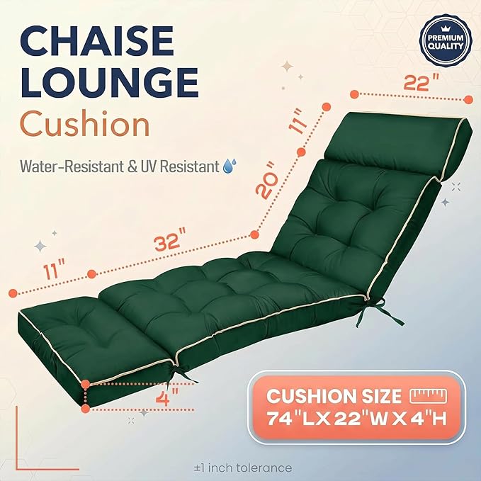 MAGIC ELEPHANT Chaise Lounge Cushion Outdoor, Memory Foam Patio Lounge Chair Cushion with Ties for Outdoor Furniture, 74 x 22 x 4 Inch (Green)