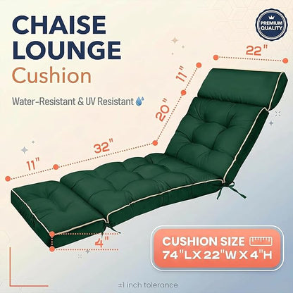 MAGIC ELEPHANT Chaise Lounge Cushion Outdoor, Memory Foam Patio Lounge Chair Cushion with Ties for Outdoor Furniture, 74 x 22 x 4 Inch (Green)