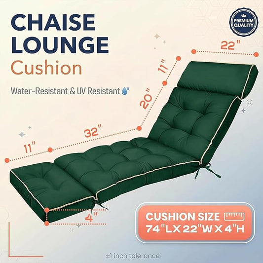 MAGIC ELEPHANT Chaise Lounge Cushion Outdoor, Memory Foam Patio Lounge Chair Cushion with Ties for Outdoor Furniture, 74 x 22 x 4 Inch (Green)
