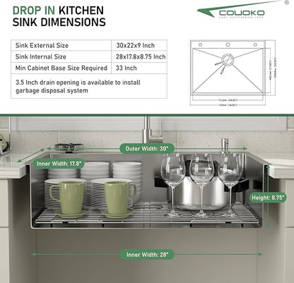30x22 Drop In Kitchen Sink with Faucet Combo16 Gauge Stainless Steel Single Bowl Kitchen Sink Large Deep Round Corner Handmade Topmount Overmount Basin Kitchen Sinks