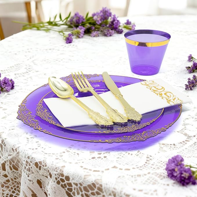 AIRE 350PCS Purple Gold Plastic Plates for Party Dinnerware Sets for 50 Guests, Vintage Disposable Plastic Party Plates Cups Spoons Forks Knives Napkins for Wedding Birthday Christmas BBQ Parties