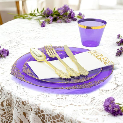AIRE 350PCS Purple Gold Plastic Plates for Party Dinnerware Sets for 50 Guests, Vintage Disposable Plastic Party Plates Cups Spoons Forks Knives Napkins for Wedding Birthday Christmas BBQ Parties
