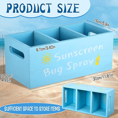 Sunscreen Bug Spray Storage Basket, Wooden Summer Poolside Storage Box with Three Compartments Toilet Tank Tray for Indoor Outdoor Swimming Pool Beach Sunblock Sunglasses Storage, Blue