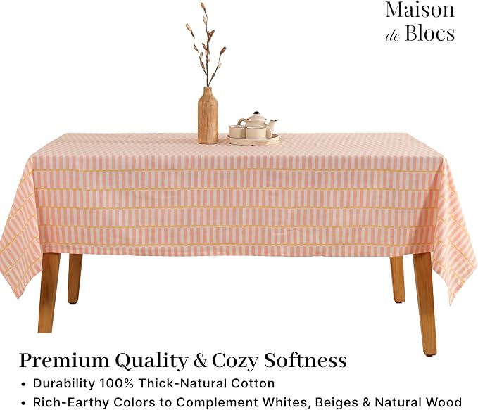 100% Cotton Hand Block Printed, Tablecloth for Kitchen, Dining, Table Cover for Parties, Chritmas, Weddings, Barbecues and Summer picnics Table Cloth (Pink)