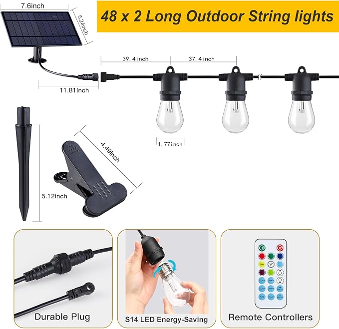 96FT Solar Outdoor String Lights – Dimmable RGB LED Patio Lights with Remote, Waterproof for Garden, Yard, Deck, and Backyard Decor