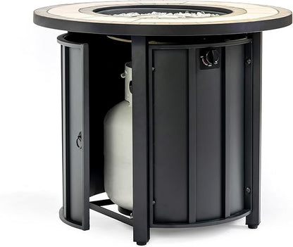 30'' Marble Ceramic Round Propane Fire Pit Table, 50,000 BTU Gas FirePit for Outdoor, Fire Table with Lid, Warmth & Ambience to Gatherings and Parties On Patio Deck Garden Backyard, Black.