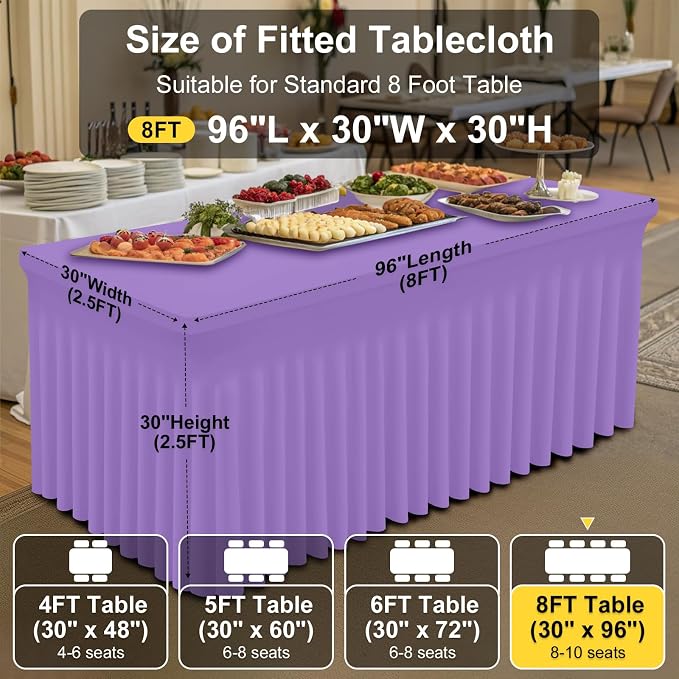 Smiry 2 Pack Spandex Elastic Fitted Table Cloth Skirt for 8FT Table | Stretch Washable Table Cloth, Banquet Table Cover for Wedding, Party, Indoor & Trade Shows, (Lavender, 96Lx30Wx30H)