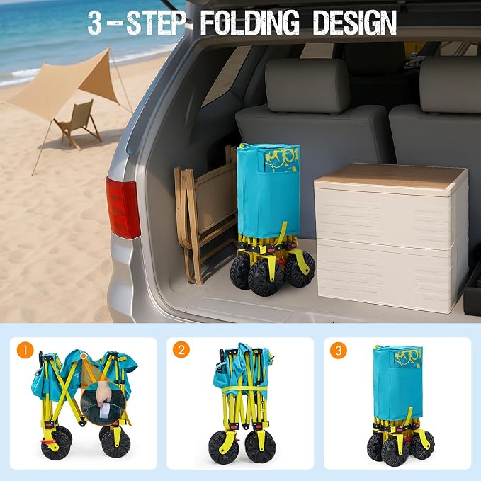 300lbs Extra Long 49" L Beach Wagon with Big Wheels with Brake for Sand, Collapsible Utility Beach Cart Heavy Duty Folding Wagon,Ideal for Outdoor Sand Camping Garden Pet