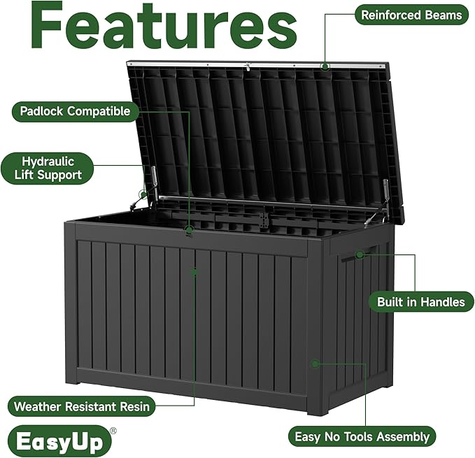 EasyUp 280 Gallon Outdoor Storage Box Waterproof, UV Resistant Resin Deck Box with Hydraulic Rod, Reinforced Stability for Patio, Garden,Striped Black