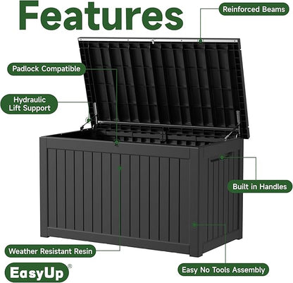 EasyUp 280 Gallon Outdoor Storage Box Waterproof, UV Resistant Resin Deck Box with Hydraulic Rod, Reinforced Stability for Patio, Garden,Striped Black