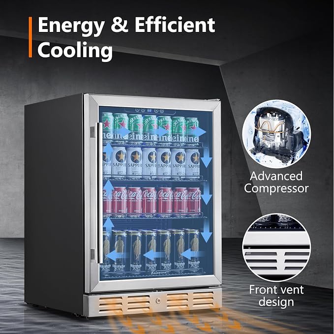 24 Inch Under Counter Beverage Fridge -Max 164Cans Capacity Drink cooler | Wide 24'' Perfectly for Built in Space, Adjustable shelves for any size beverage/beer/soda Transparent door Refrigerator