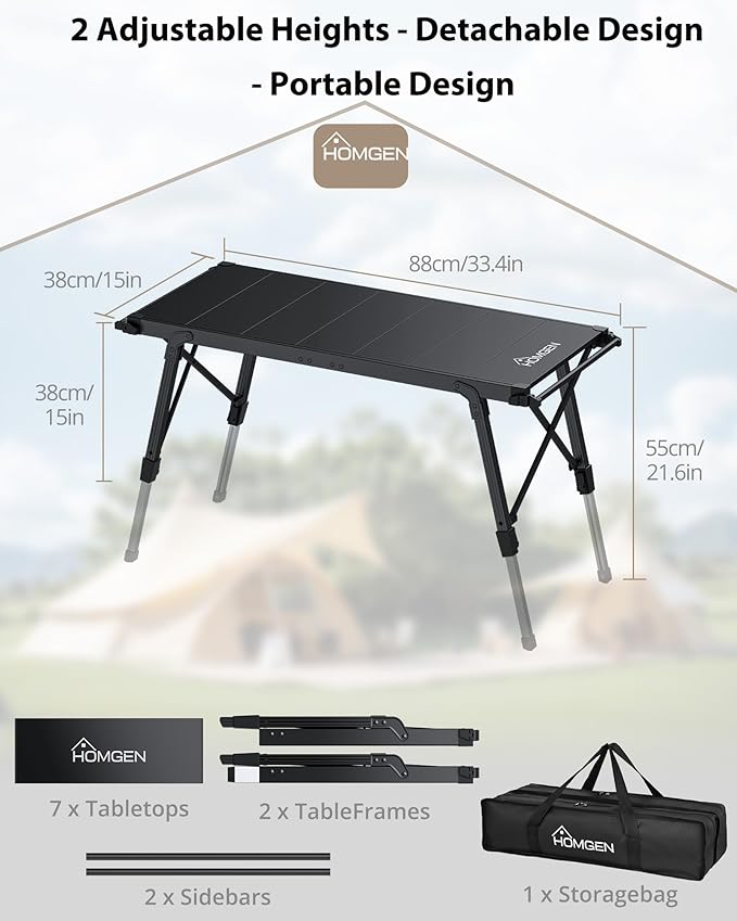 eSynic Portable IGT Camping Table-Adjustable Height 15-21.6 inch-Aluminum Stable Outdoor Table with Side Hanging Bars- 7* IGT Compatible (0.5 Unit)-Foldable Compact for Car Camping BBQ Picnic Family