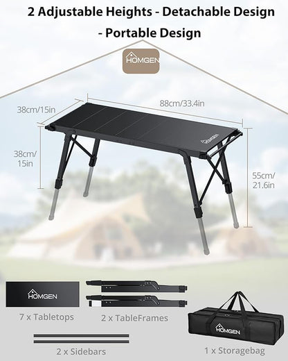 eSynic Portable IGT Camping Table-Adjustable Height 15-21.6 inch-Aluminum Stable Outdoor Table with Side Hanging Bars- 7* IGT Compatible (0.5 Unit)-Foldable Compact for Car Camping BBQ Picnic Family