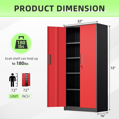 INTERGREAT Metal Storage Cabinet, 72" Locking Steel Cabinets with 2 Door and 4 Adjustable Shelves, Tall Metal Cabinet for Home Office, Garage, Warehouse, Black Red